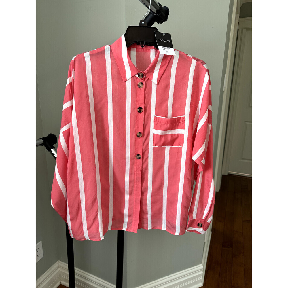 Topshop Women's Long Sleeve Wide Striped Shirt In Salmon Pink Size 8
